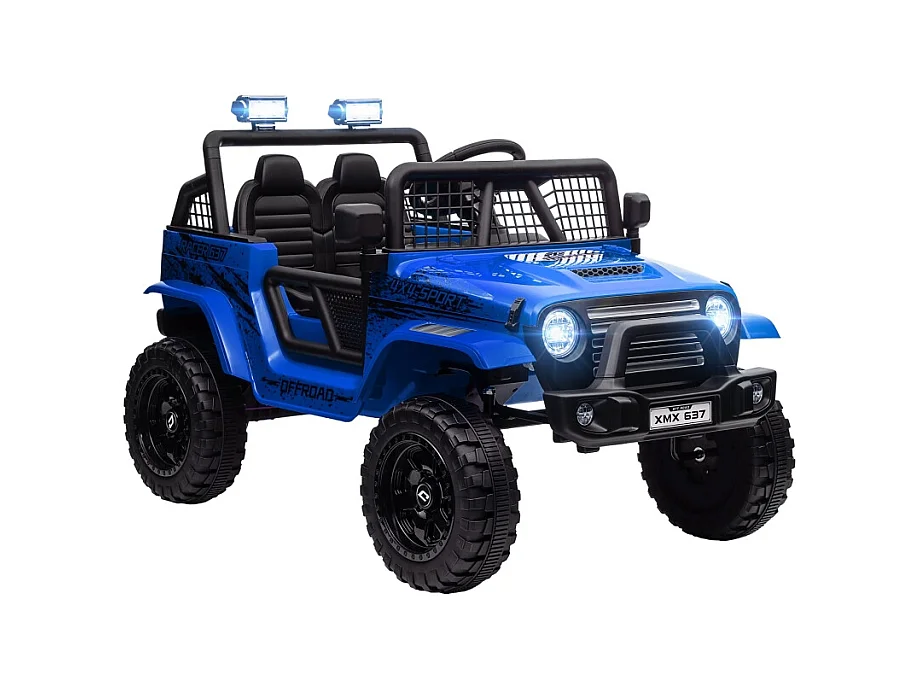 Elektrische kinderauto met zachte vering, afstandsbediening, LED, claxon, 12V-motoren, kunststof en metaal, blauw (109x67x68,5cm)