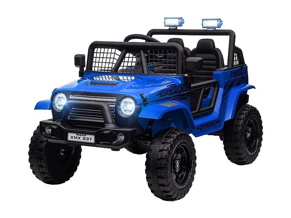 Voiture électrique pour enfants avec suspension douce, télécommande, LED, klaxon, moteurs 12V, plastique et métal, bleu (109x67x68.5cm)