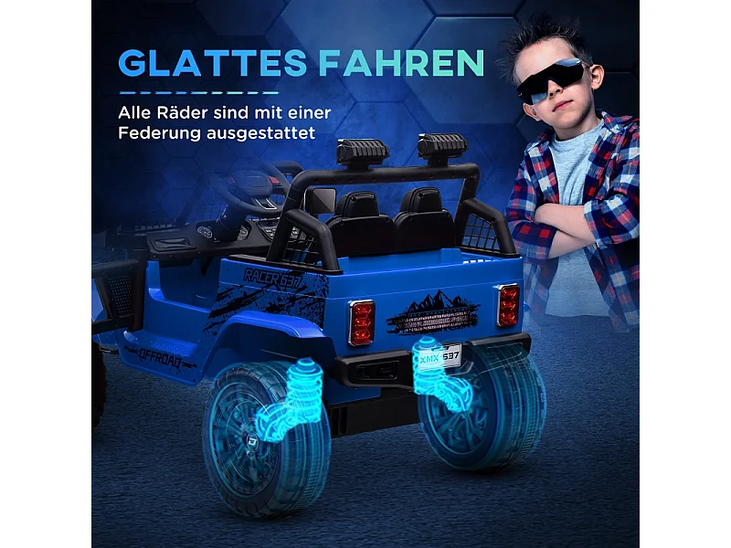 Voiture électrique pour enfants avec suspension douce, télécommande, LED, klaxon, moteurs 12V, plastique et métal, bleu (109x67x68.5cm)