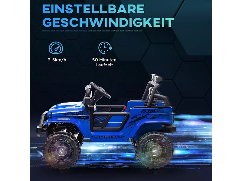 Voiture électrique pour enfants avec suspension douce, télécommande, LED, klaxon, moteurs 12V, plastique et métal, bleu (109x67x68.5cm)