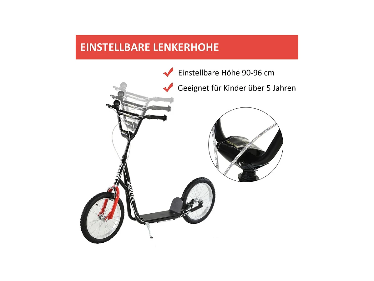 Trottinette pour enfants à partir de 5 ans, réglable, avec pneus gonflables et freins, acier, noir (139x58x96 cm)