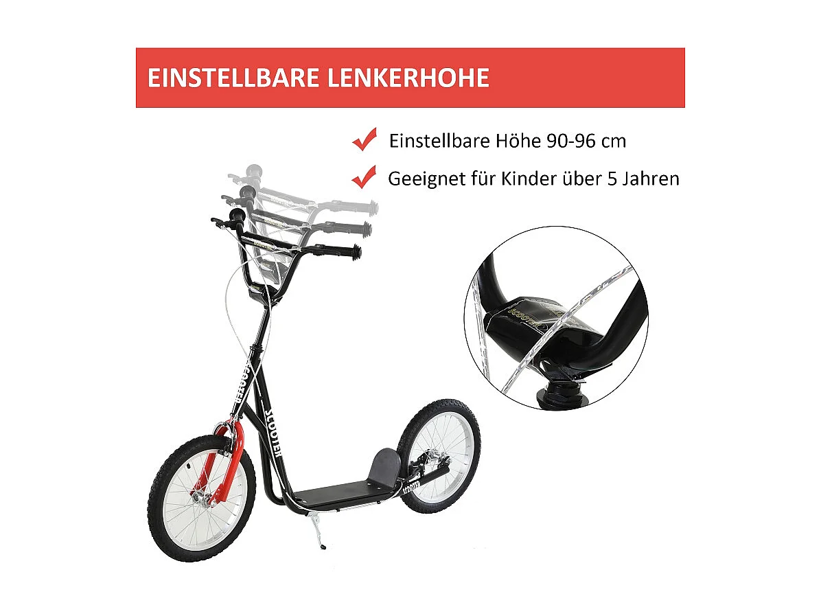 Trottinette pour enfants à partir de 5 ans, réglable, avec pneus gonflables et freins, acier, noir (139x58x96 cm)