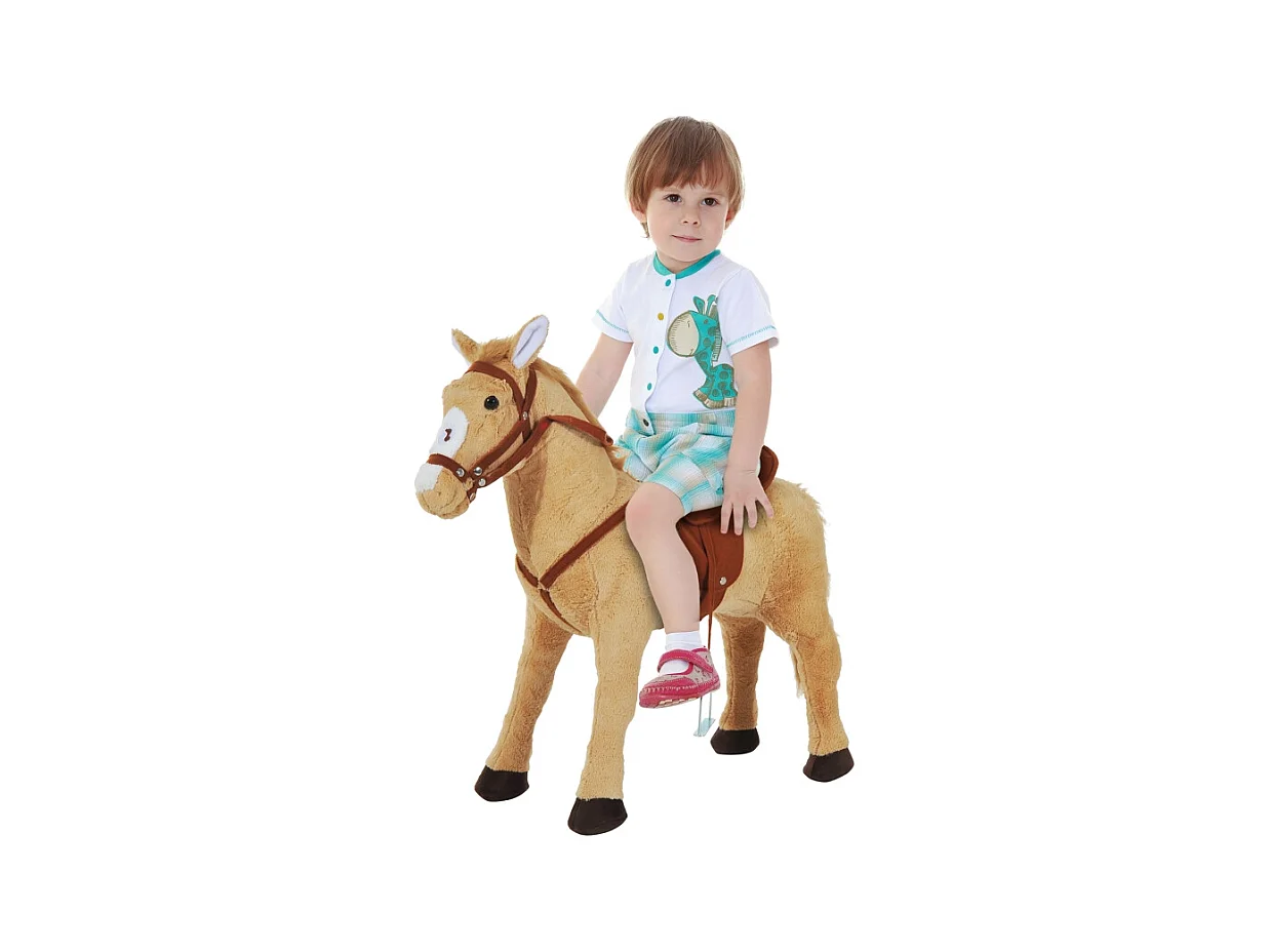 Cheval à bascule en peluche avec son, métal et textile, beige (85x28x60cm)