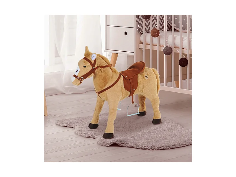 Cheval à bascule en peluche avec son, métal et textile, beige (85x28x60cm)