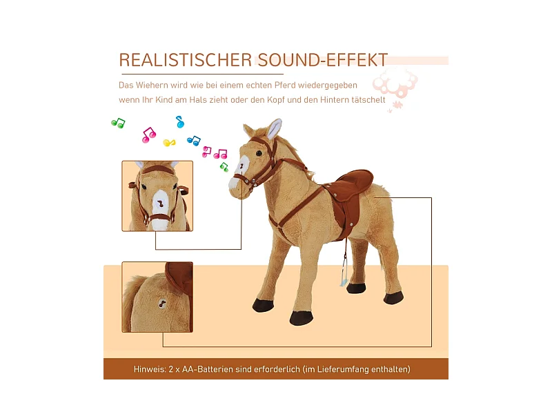 Cheval à bascule en peluche avec son, métal et textile, beige (85x28x60cm)