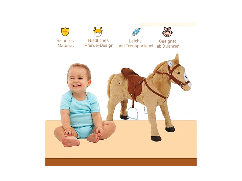 Cheval à bascule en peluche avec son, métal et textile, beige (85x28x60cm)