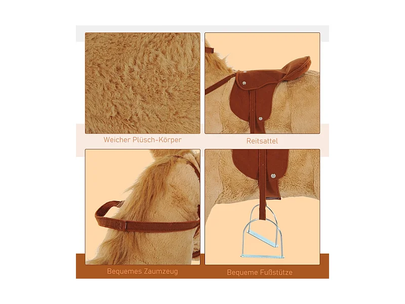 Cheval à bascule en peluche avec son, métal et textile, beige (85x28x60cm)