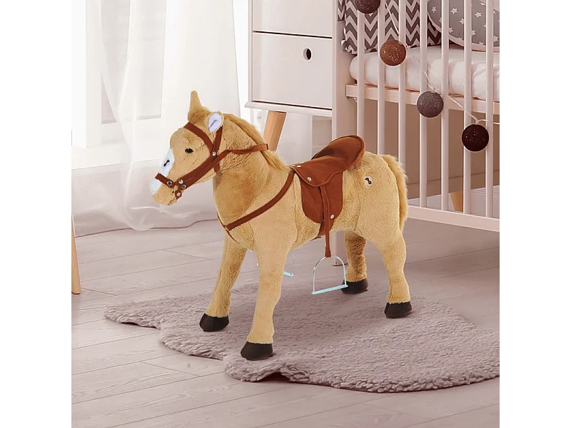 Cheval à bascule en peluche avec son, métal et textile, beige (85x28x60cm)