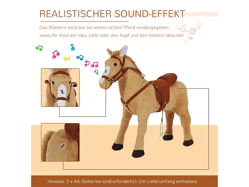 Cheval à bascule en peluche avec son, métal et textile, beige (85x28x60cm)