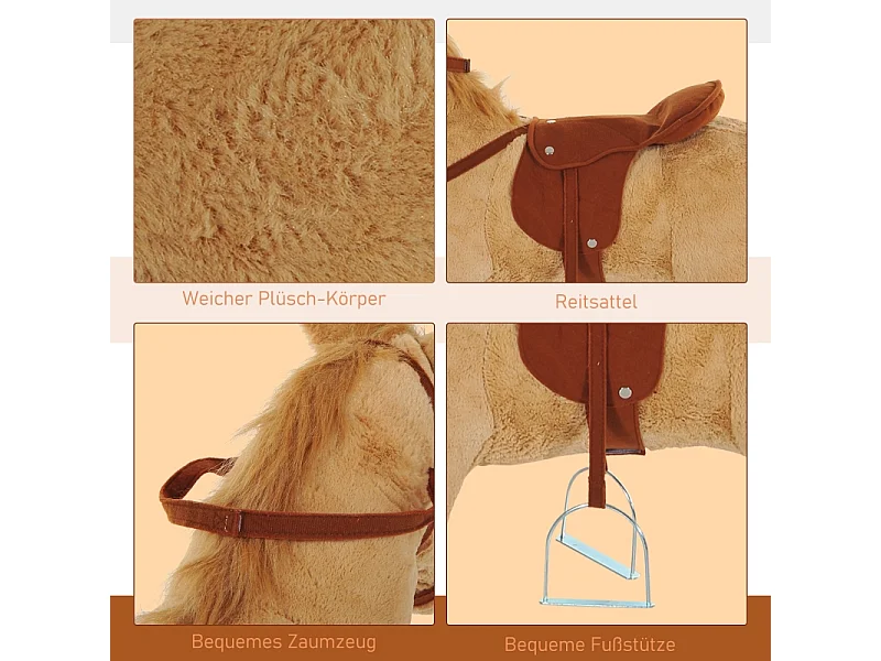 Cheval à bascule en peluche avec son, métal et textile, beige (85x28x60cm)