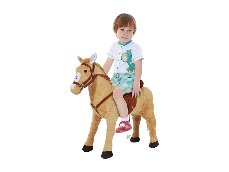 Cavallo a dondolo di peluche con suono, metallo e tessuto, beige (85x28x60cm)