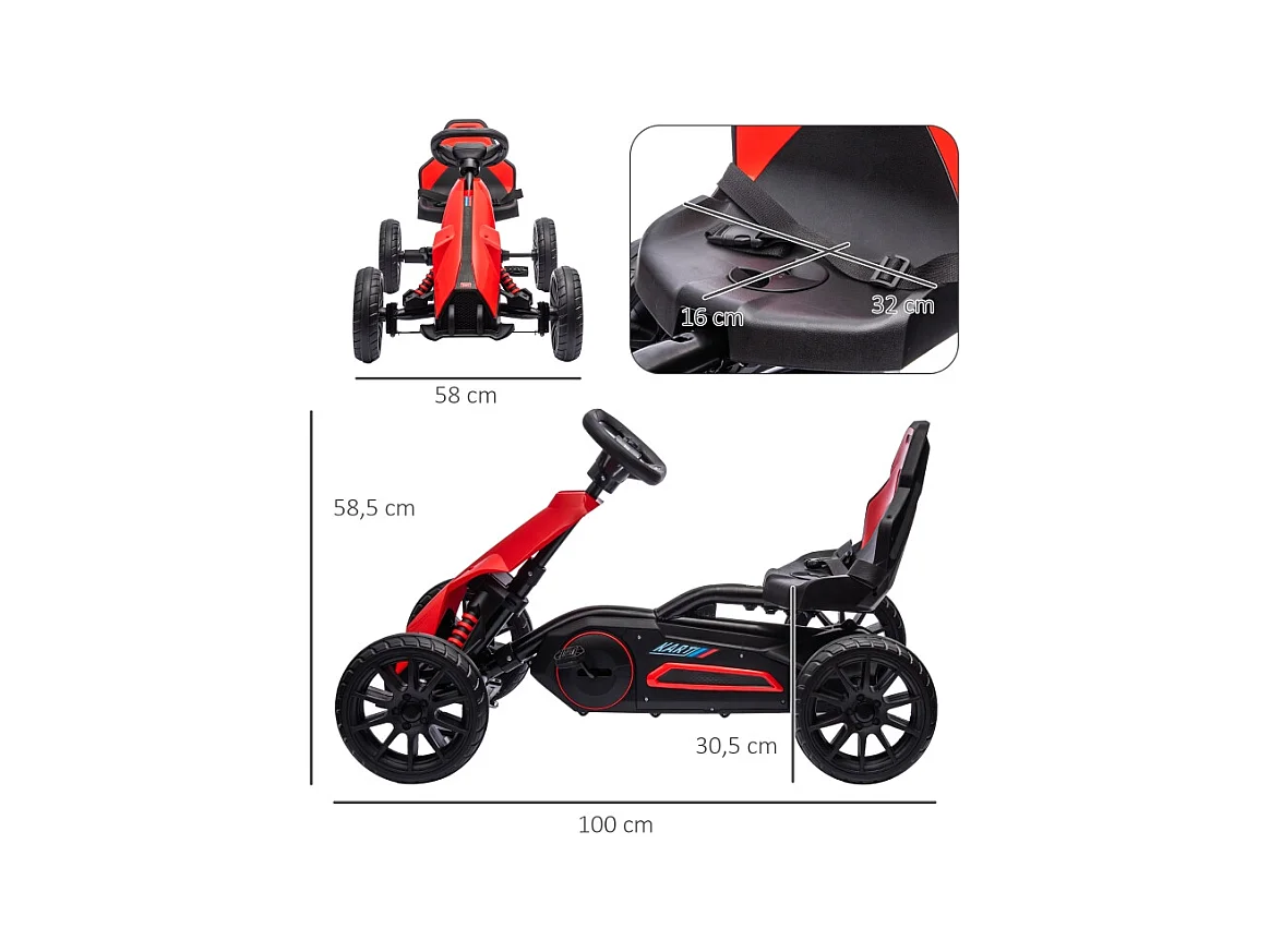 Go-kart pour enfants avec siège réglable et frein à main, plastique, rouge (100x58x58.5cm)