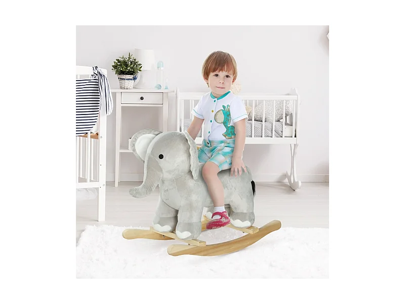 Cheval à bascule éléphant, effets sonores, base stable, polyester, gris (64.5x31x52cm)