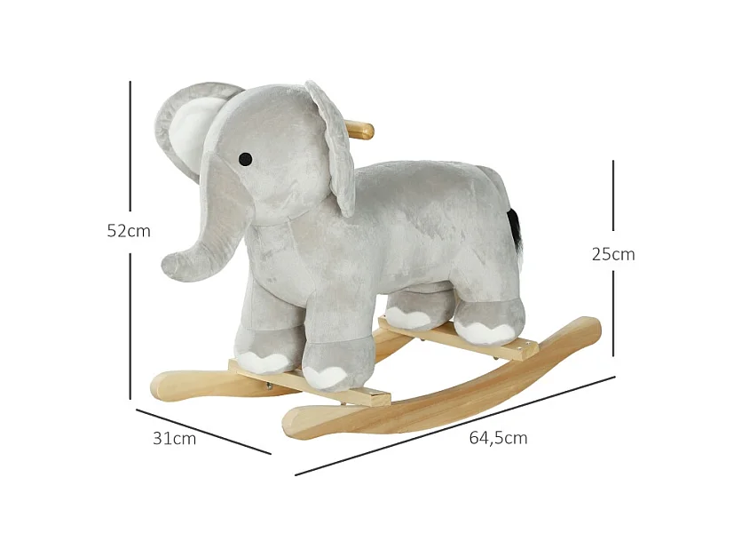 Cheval à bascule éléphant, effets sonores, base stable, polyester, gris (64.5x31x52cm)