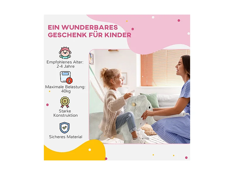 Cheval à bascule éléphant, effets sonores, base stable, polyester, gris (64.5x31x52cm)