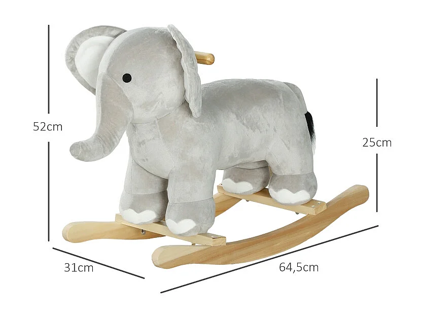 Cheval à bascule éléphant, effets sonores, base stable, polyester, gris (64.5x31x52cm)