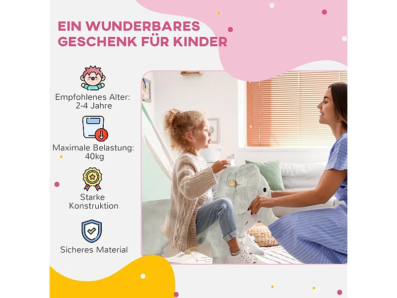 Cheval à bascule éléphant, effets sonores, base stable, polyester, gris (64.5x31x52cm)