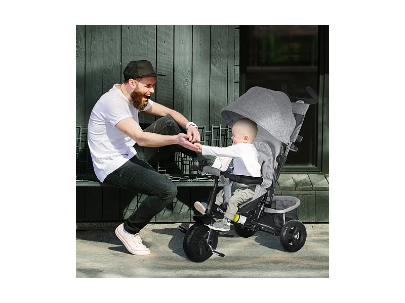 Tricycle évolutif 6-en-1 avec canne parentale, siège rembourré, harnais 5 points, panier, porte-gobelet, polyester gris (102x49x102cm)