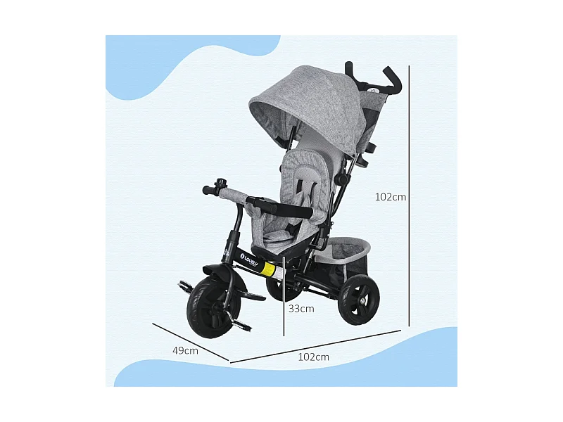 Tricycle évolutif 6-en-1 avec canne parentale, siège rembourré, harnais 5 points, panier, porte-gobelet, polyester gris (102x49x102cm)