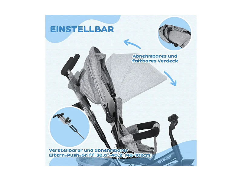 Tricycle évolutif 6-en-1 avec canne parentale, siège rembourré, harnais 5 points, panier, porte-gobelet, polyester gris (102x49x102cm)