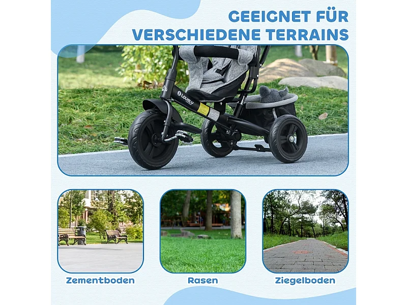 Tricycle évolutif 6-en-1 avec canne parentale, siège rembourré, harnais 5 points, panier, porte-gobelet, polyester gris (102x49x102cm)