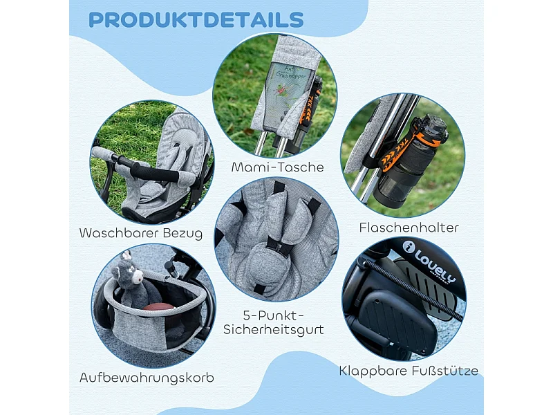 Tricycle évolutif 6-en-1 avec canne parentale, siège rembourré, harnais 5 points, panier, porte-gobelet, polyester gris (102x49x102cm)