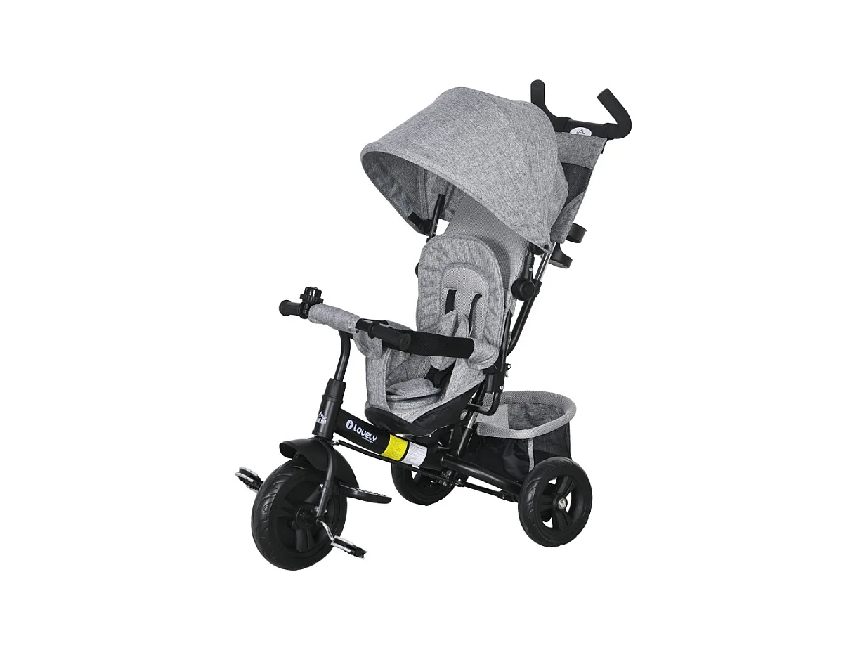 6-in-1 driewieler met kinderzitje, gevoerde zitting, 5-puntsgordel, mandje, bekerhouder, grijs polyester (102x49x102cm)