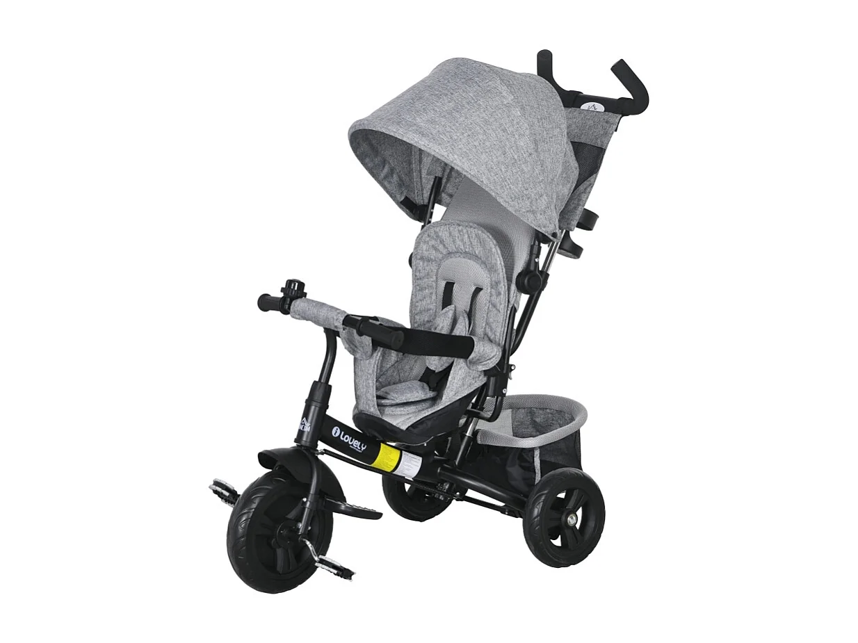 Tricycle évolutif 6-en-1 avec canne parentale, siège rembourré, harnais 5 points, panier, porte-gobelet, polyester gris (102x49x102cm)