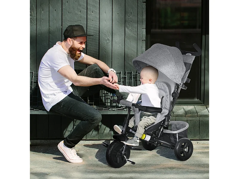 Tricycle évolutif 6-en-1 avec canne parentale, siège rembourré, harnais 5 points, panier, porte-gobelet, polyester gris (102x49x102cm)