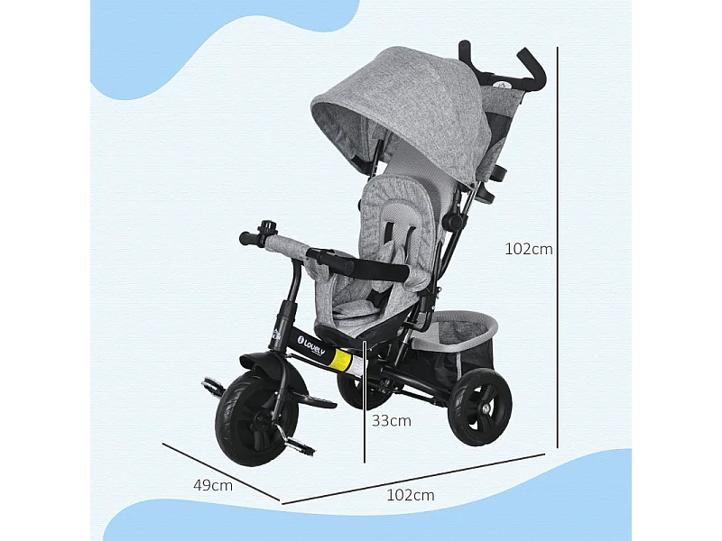 Tricycle évolutif 6-en-1 avec canne parentale, siège rembourré, harnais 5 points, panier, porte-gobelet, polyester gris (102x49x102cm)