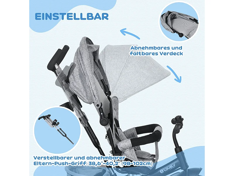 Tricycle évolutif 6-en-1 avec canne parentale, siège rembourré, harnais 5 points, panier, porte-gobelet, polyester gris (102x49x102cm)