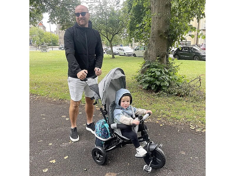 Tricycle évolutif 6-en-1 avec canne parentale, siège rembourré, harnais 5 points, panier, porte-gobelet, polyester gris (102x49x102cm)