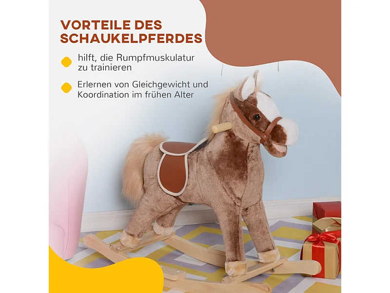 Cavallo a dondolo di peluche, design classico, legno e tessuto, marrone (74x33x62cm)