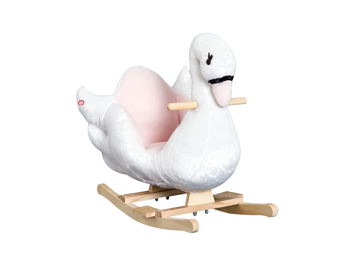 Cheval à bascule doux pour enfants, design kawaii, peluche et bois, rose et blanc (60x32x55cm)