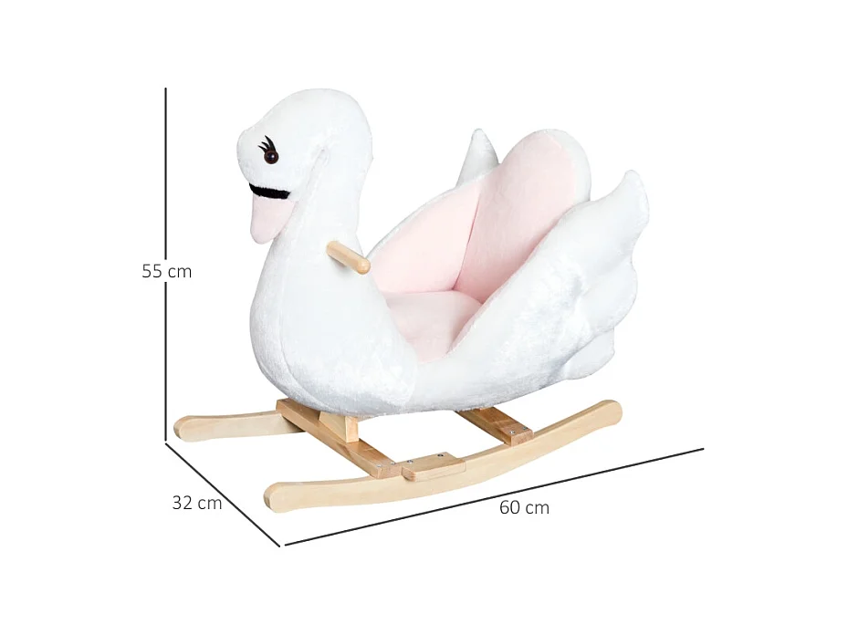 Cheval à bascule doux pour enfants, design kawaii, peluche et bois, rose et blanc (60x32x55cm)