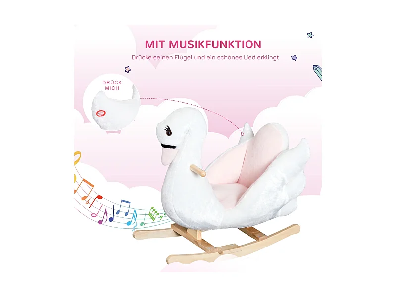 Cheval à bascule doux pour enfants, design kawaii, peluche et bois, rose et blanc (60x32x55cm)