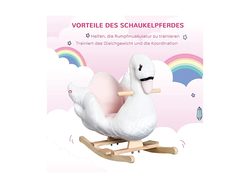 Cheval à bascule doux pour enfants, design kawaii, peluche et bois, rose et blanc (60x32x55cm)