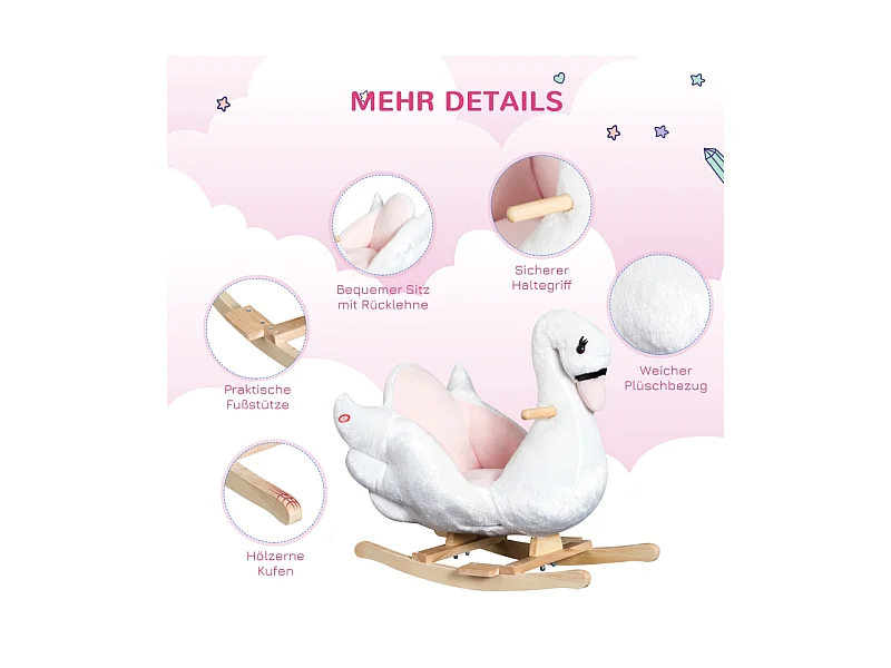 Cheval à bascule doux pour enfants, design kawaii, peluche et bois, rose et blanc (60x32x55cm)