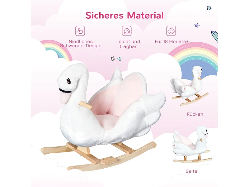 Cheval à bascule doux pour enfants, design kawaii, peluche et bois, rose et blanc (60x32x55cm)