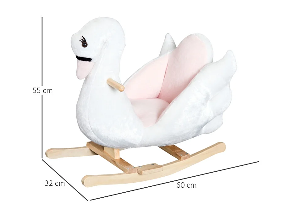 Cheval à bascule doux pour enfants, design kawaii, peluche et bois, rose et blanc (60x32x55cm)