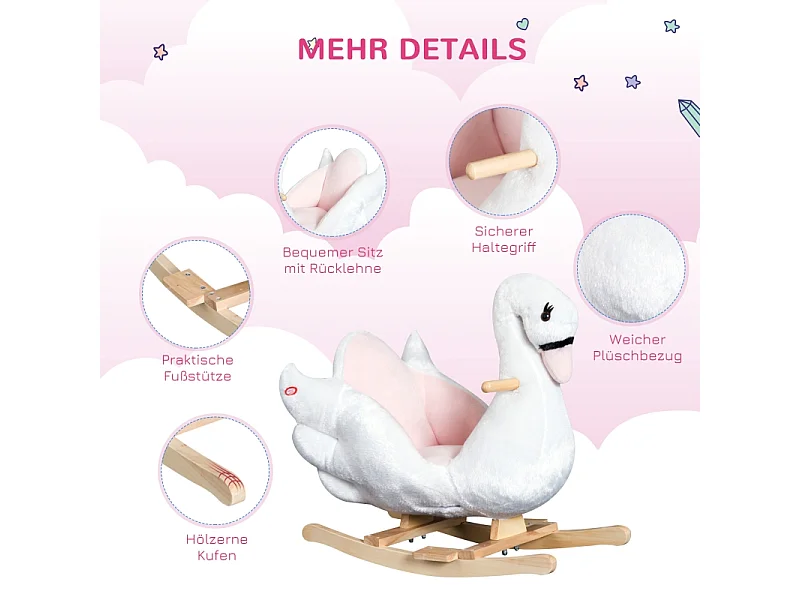 Cheval à bascule doux pour enfants, design kawaii, peluche et bois, rose et blanc (60x32x55cm)