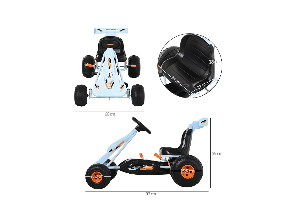 Go-kart à pédales pourGo-kart à pédales pour enfants dès 3 ans, siège réglable, acier, bleu clair (97x66x59cm)