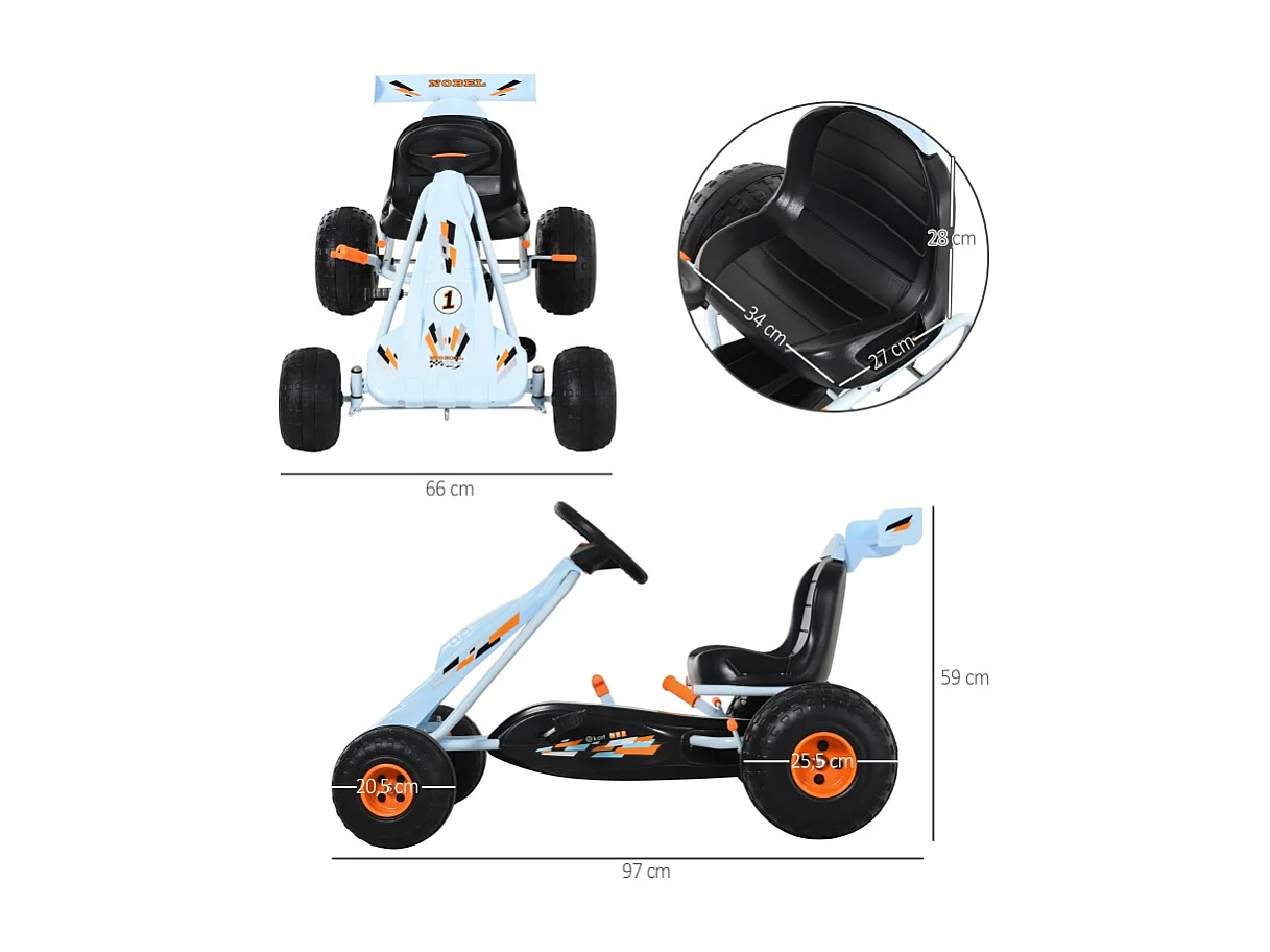 Go-kart à pédales pourGo-kart à pédales pour enfants dès 3 ans, siège réglable, acier, bleu clair (97x66x59cm)