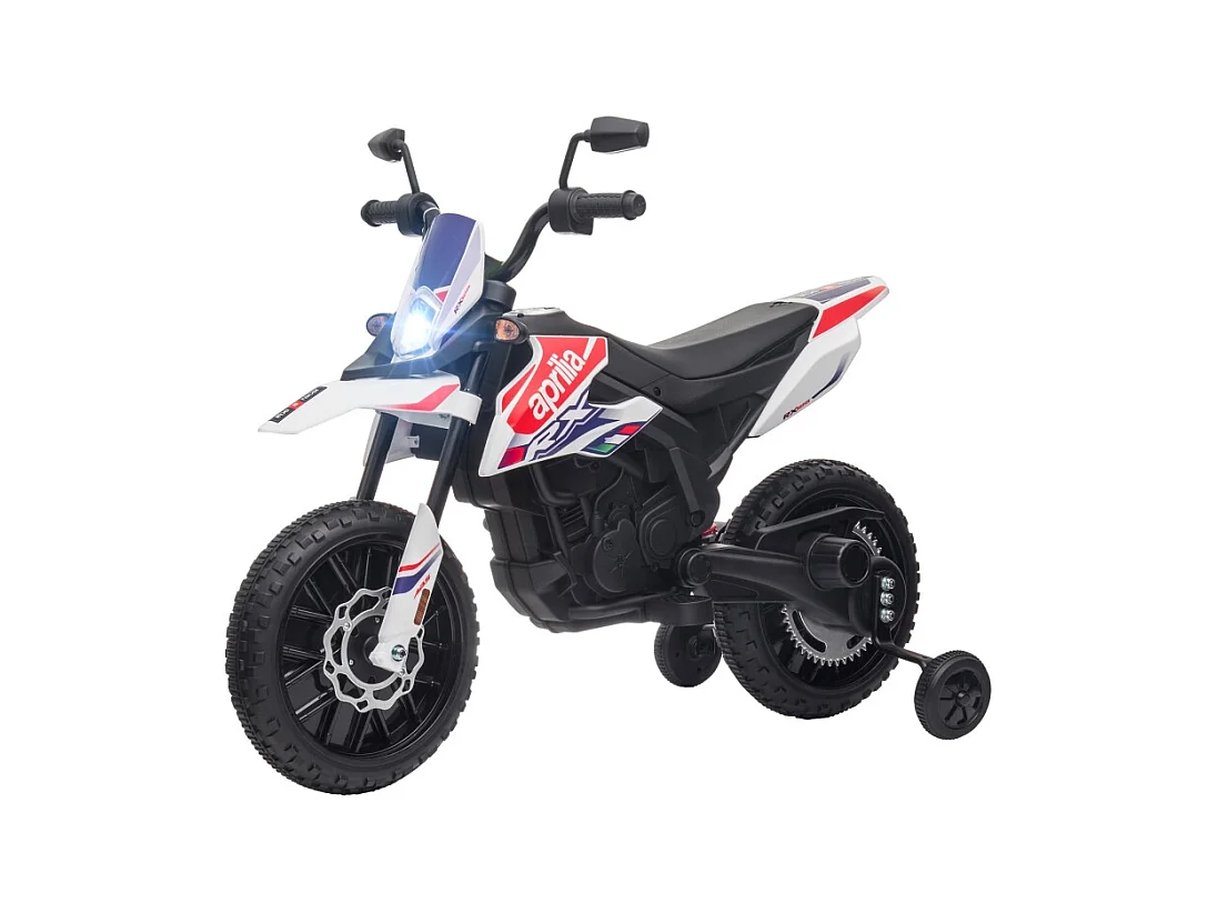 Moto électrique pour enfants 12V avec roues stabilisatrices, éclairage LED, musique et USB, plastique, blanc (106.5x56x80cm)