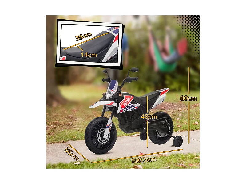 Moto électrique pour enfants 12V avec roues stabilisatrices, éclairage LED, musique et USB, plastique, blanc (106.5x56x80cm)