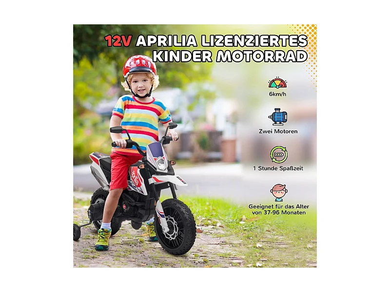 Moto électrique pour enfants 12V avec roues stabilisatrices, éclairage LED, musique et USB, plastique, blanc (106.5x56x80cm)