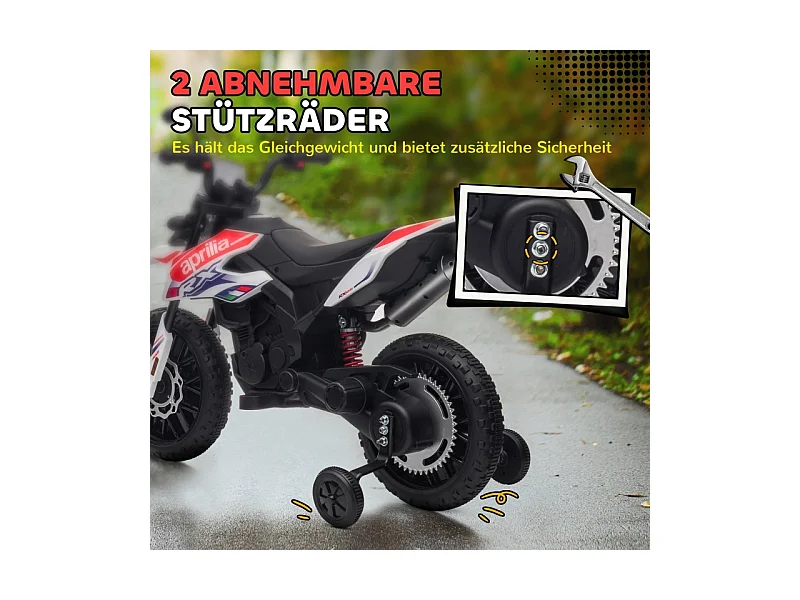 Moto électrique pour enfants 12V avec roues stabilisatrices, éclairage LED, musique et USB, plastique, blanc (106.5x56x80cm)