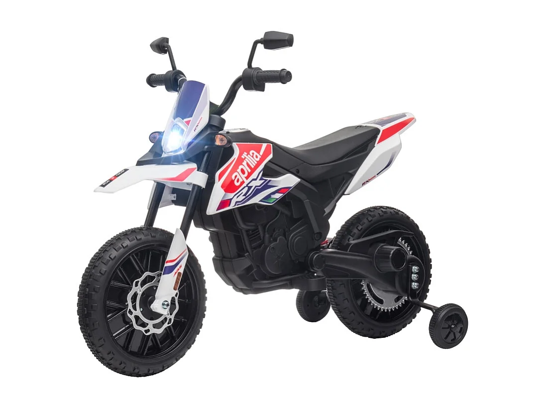 Moto électrique pour enfants 12V avec roues stabilisatrices, éclairage LED, musique et USB, plastique, blanc (106.5x56x80cm)