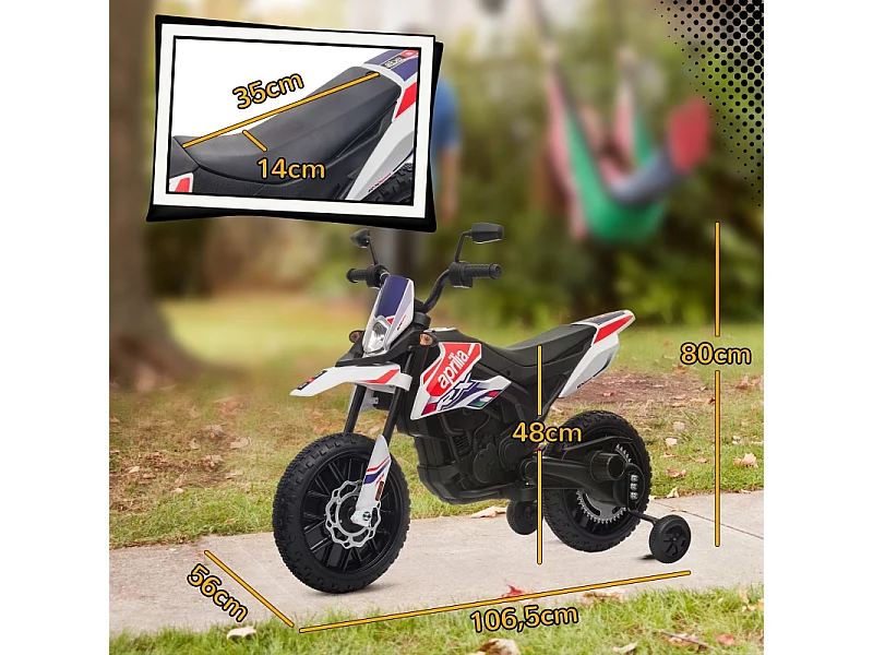 Moto électrique pour enfants 12V avec roues stabilisatrices, éclairage LED, musique et USB, plastique, blanc (106.5x56x80cm)