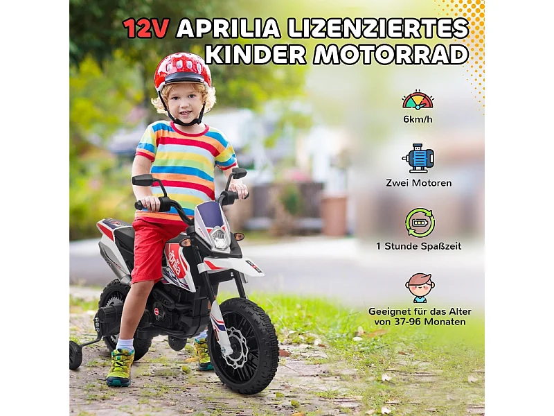 Moto électrique pour enfants 12V avec roues stabilisatrices, éclairage LED, musique et USB, plastique, blanc (106.5x56x80cm)